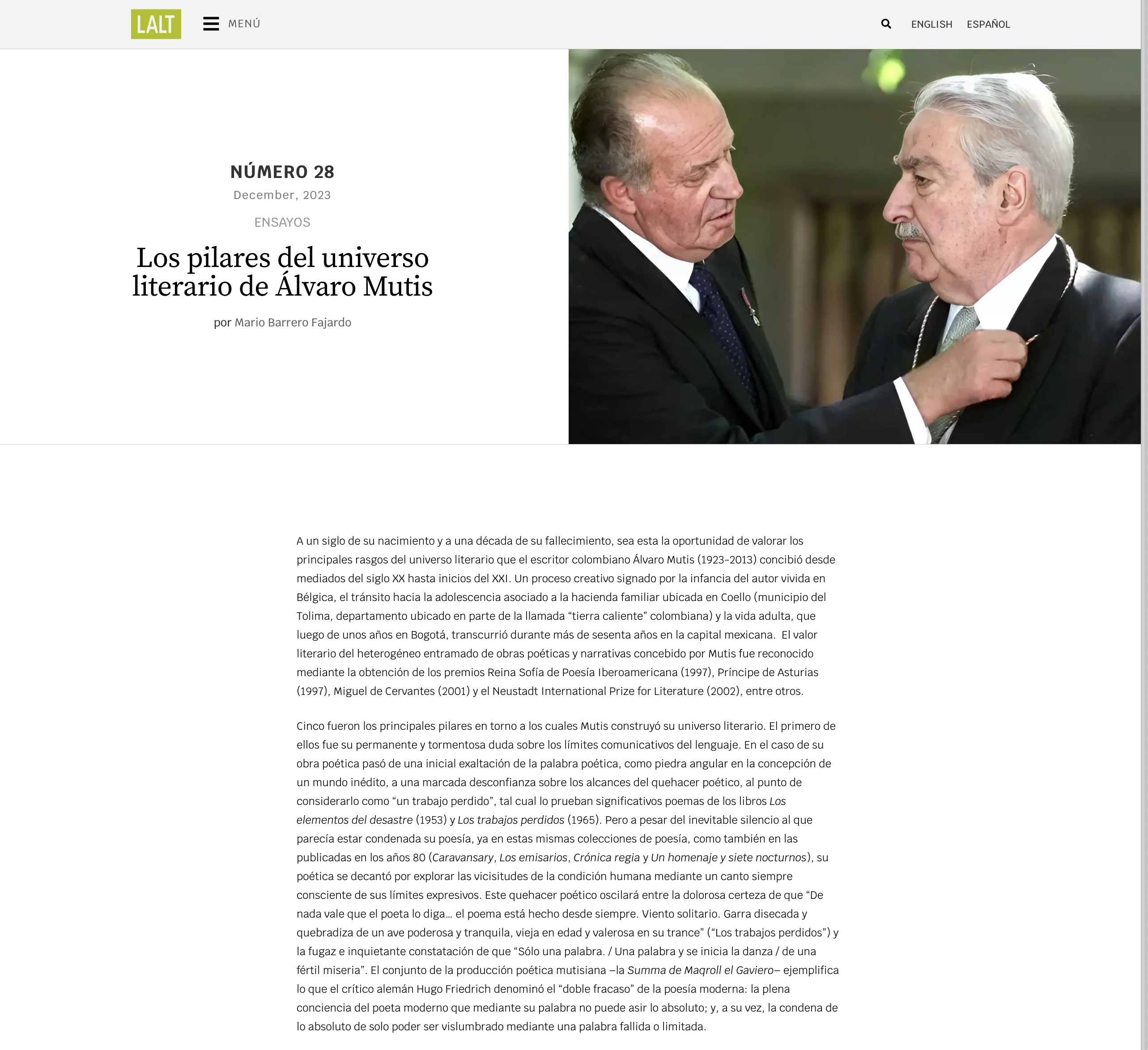Mario Barrero publica artículo en la revista Latin American Literature Today #28